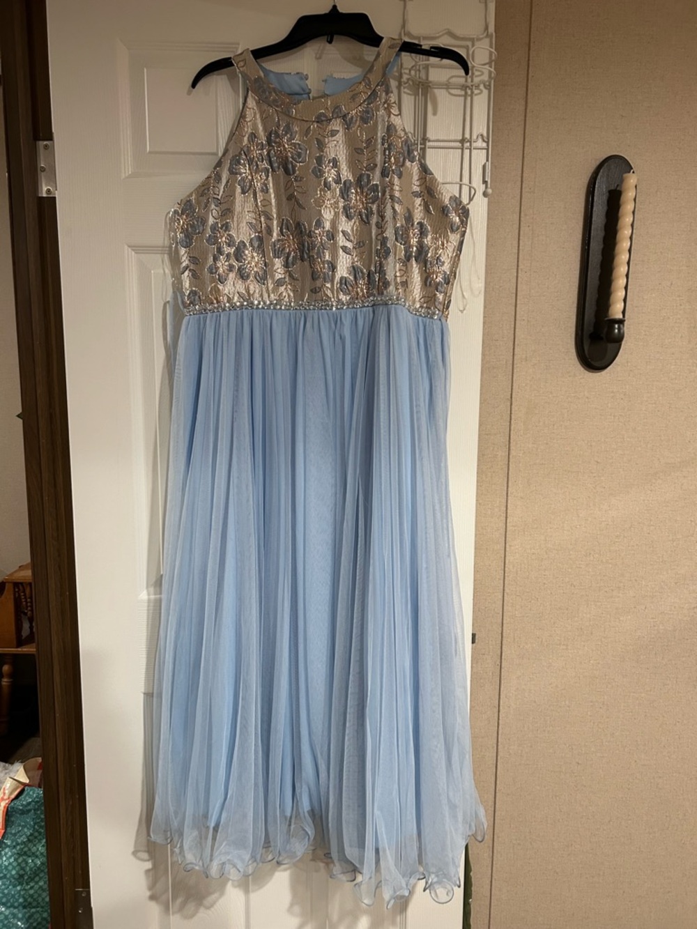 Speechless Light Blue Tulle Dress with Gold Floral Bodice